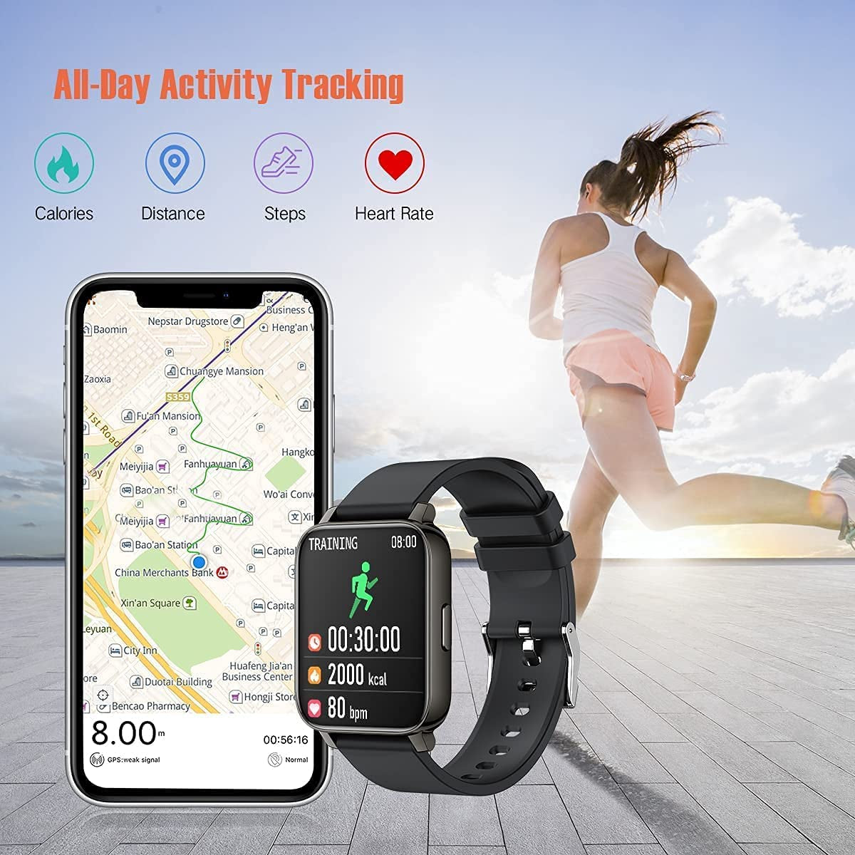 Smart Watch for Android Ios Phones, 1.69" Touch Screen Smartwatch for Men, Fitness Tracker Watch with Heart Rate Blood Pressure Monitor, Pedometer Running Watch, IP68 Waterproof Bluetooth Watch